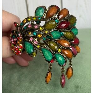 Vintage Style Peacock Hinge Cuff Bracelet Colorful Rhinestone Gold Tone P140